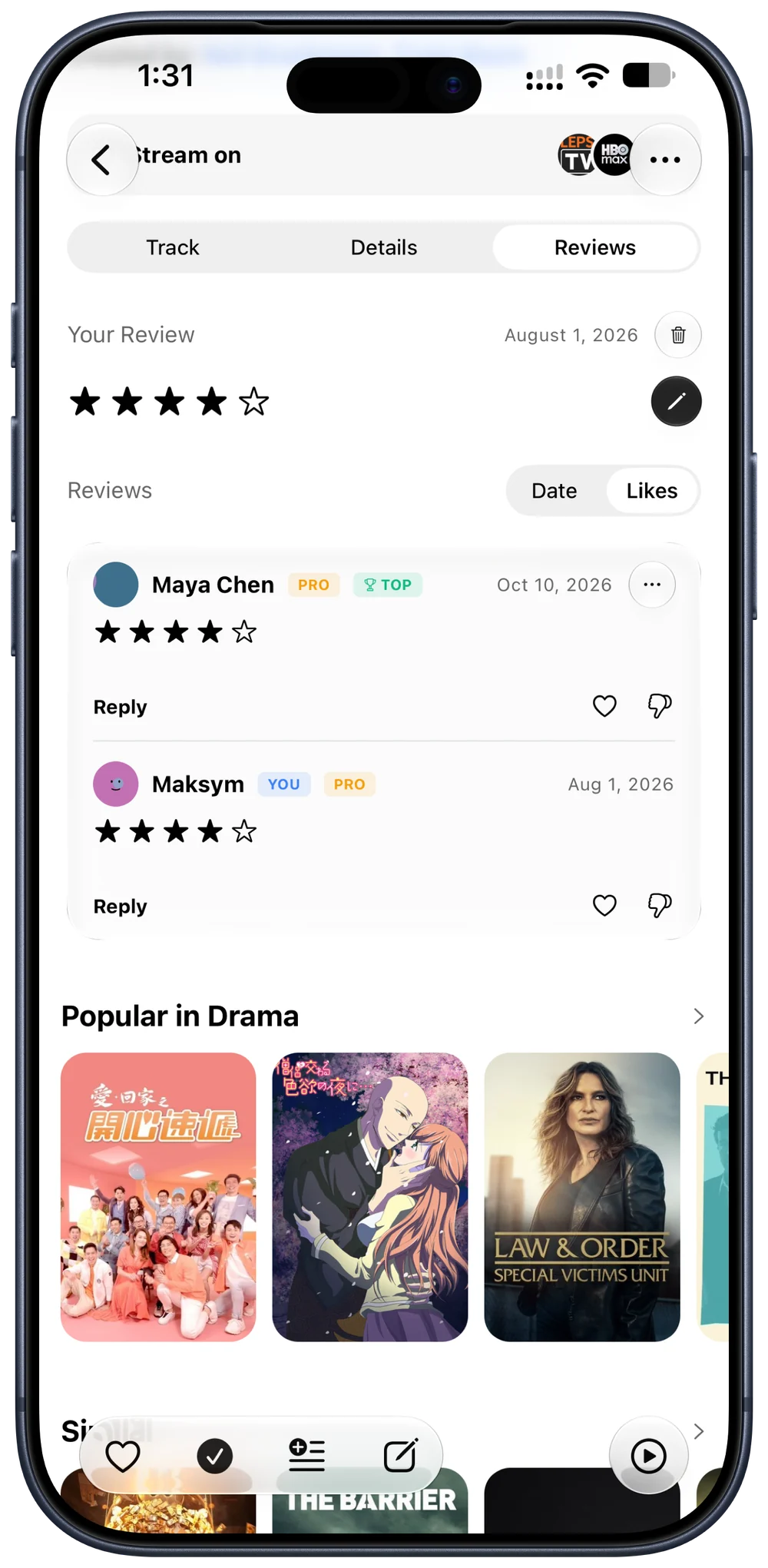 Reviews screen