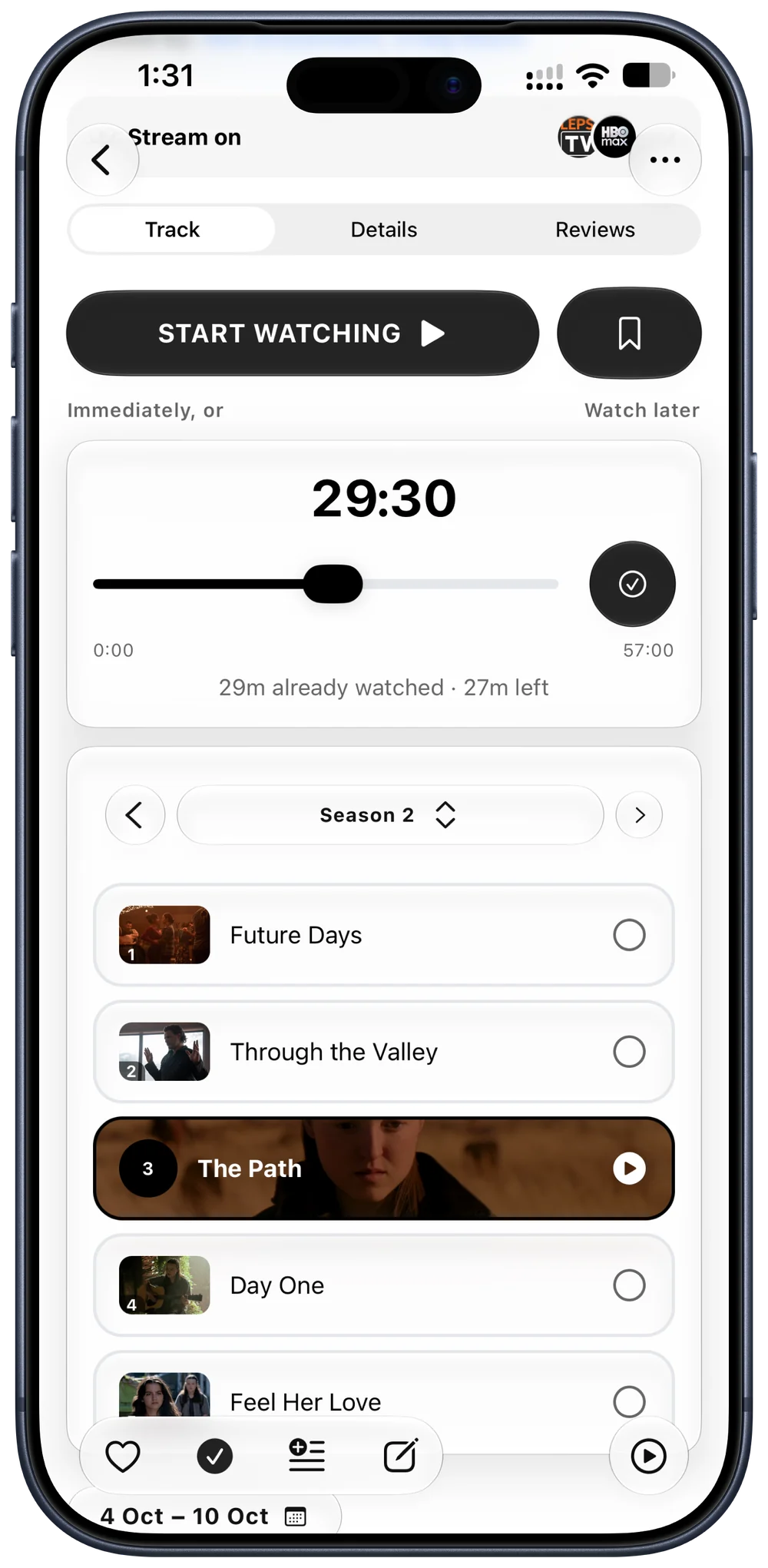 Track watch progress screen